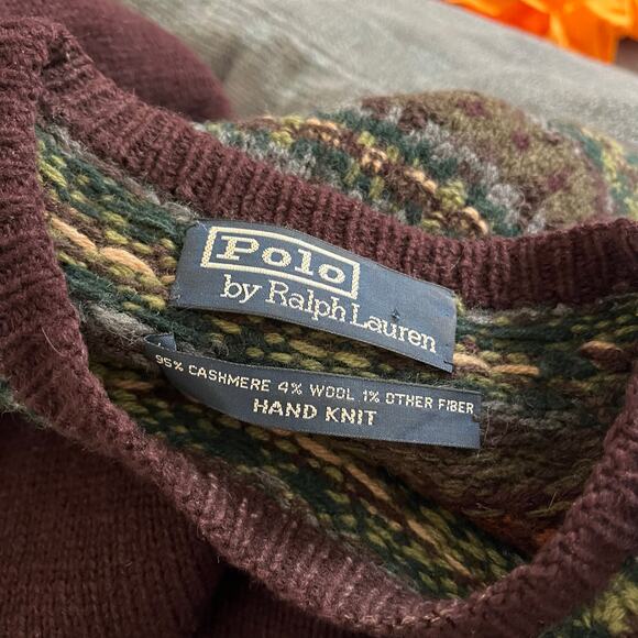 Vintage Polo Hand Knit Cashmere Wool Blend Maroon Fair Isle Sweater Men's XL - Picture 8 of 9